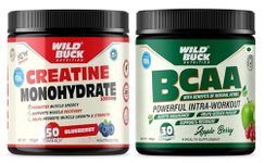 WILD BUCK Creatine Monohydrate, 100% Pure Creatine, Energy Support Supplement [50 Servings, Blueberry] + Bcaa Powder For Muscle Endurance, For Women & Men [Apple Berry, 30 Servings, 300G]