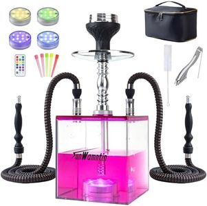 SunWamntin 2 Hose Hookah – Square Hookah Chicha Set with Everything, Travel Hookah Kit with LED Lights and Portable Bag（Pink）