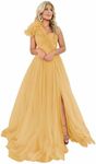 One Shoulder Tulle Prom Dress with Slit Ruffle Ball Gown Long Evening Dress Gold Size 2