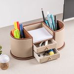 SPREAD SPAIN Leatherite Multipurpose Desk Organiser, Office Supplies Desk Organizer and Accessories 3 Compartments and 2 drawer, Desktop Organization for Home, Office, School - Beige/Tan