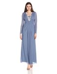 Marina Women's Long Dress with Sheer Sleeves and Beaded Applique, Slate, 4