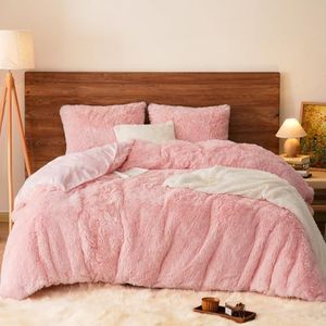 PHF Shaggy Fluffy Faux Fur Duvet Cover Set King Size,Luxury Warm Plush Comforter Cover for Winter Fall,3PCS Soft Lightweight Velvet Cozy Bedding Set with Furry Pillowcases,Aesthetic Room Decor,Pink