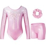 Gogokids Girls Three-Piece Gymnastics Leotards, Long Sleeve Gymnastics Set with Shorts and Hairband, Sparkling Ballet Dancing Unitards - Gymnastics Outfit with Gradient Color Design for 3-4 Years