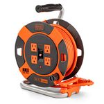 BLACK+DECKER Retractable Extension Cord Reel 50 Ft. with 4 Outlets, Multi-Plug Extension, Easy Handle Rewind & Heavy-Duty 14AWG SJTW Cable