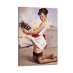 YBHF Vintage Poster PIN-UP Girl Oven Kitchen Chef Poster Wall Art Print Retro Aesthetic Room Decor Painting Canvas Posters for Home And Office Decorations 16x24inch(40x60cm) Frame-style