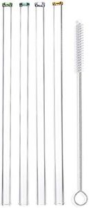 Reusable Clear Glass Straws - Artisanal Colored Tips, Wide Flow for Smoothies, Juices, Frozen Drinks, Milkshakes, Tea - Portable Travel Drinking, Long