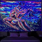 SparkLia Blacklight Lover Tapestry, Colorful Trippy Abstract Line Art of Love Kiss UV Reactive Neon Tapestries, Hippie Woman Glow in the Dark Wall Hanging Home Décor for Bedroom - 59.1" x 80"