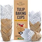 Baker's Signature Tulip Baking Cups Newspaper Pattern Paper Cupcake & Muffin Liners Pack of 150 | Grease Resistant Wrappers – Will Not Curl or Burn – Comes in Convenient Packaging