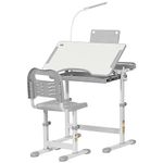 HOMCOM Kids Desk and Chair Set, Height Adjustable Study Desk with USB Lamp, Storage Drawer for Study, Grey and White