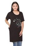 CUPID Women Cotton Round Neck Half Sleeves T-Shirt,Night n Sleep Wear,Daily Use Gym/Lounge Wear Long Tops with Pocket_Black_Large