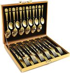 KAHEIGN 24Pcs Gold Silverware Set, Gold Forged Stainless Steel Flatware, 6 x Dinner Knife, 6 x Dinner Spoon, 6 x Dinner Fork, 6 x Teaspoon, Polished Tableware for Wedding Anniversary Christmas Party