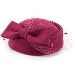 Lawliet Womens Wool Fascinator Retro Pillbox Hat Wool Felt Cocktail Party Wedding Bow Veil (Wine)(Size: One Size)