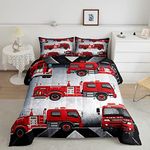 Manfei Fire Truck Comforter Set Full Size Red Fire Engine Duvet Insert Cartoon Firemen Car Vehicle Bedding Set 3pcs for Kids Boys Teens Firefighter Transportation Dowm Comforter with 2 Pillowcases