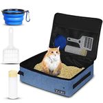 Petskd Cat Travel Litter Box with Lid 19.7x15x6, Portable Mobile Litter Box for Medium Large Cats,Leak-Proof Kitty Litter Box for Car Travel Hotel Stays with A Scoop,A Bowl and Poop Bags(Blue)