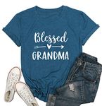 Blessed Grandma Shirt Funny Cute Graphic Tees Women Letter Print T-Shirt Casual Short Sleeve Tops, Blue, Medium