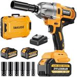 Takuoo Cordless 1/2 inch Brushless Impact Wrench, Max Torque (1000N.m) 740Ft-lbs Electric Impact Gun w/2x 4000mAh Battery, Charger & 6 Sockets, Power Impact Driver for Car Home