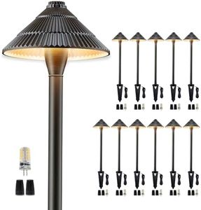 Gardenreet Brass Low Voltage Landscape Path Lights, Wired Pathway Lights, Outside IP65 LED Bronze Textured Hat Driveway Lights for Backyard Garden House with 3W 270LM 5000K G4 Bulb 12 Pack