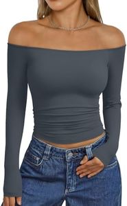 Trendy Queen Womens Long Sleeve Off The Shoulder Tops Going Out Basic T Shirts Cute Sexy Crop Boat Neck Y2K Fall Fashion 2026 Outfits Clothes Grey M