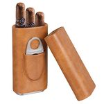 Xinzistar 3 Tubes Cigar Case Humidor Cigar Box with Stainless Steel Cigar Cutter, Leather Humidors with Cedar Wood Lining Cigar Holder Storage Accessories for Travel Outdoor, Light Brown