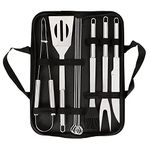 HOKIPO 9 Pcs Heavy Duty Stainless Steel BBQ Tools Kit with Storage Bag- BBQ Tong, Skewers, Basting Brush, Spatula, Knife and BBQ Fork (AR-1874)