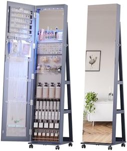 Lvifur 360° Rotating 64'' Jewelry Armoire with 6 LEDS, Full Length Mirror Large Capacity Jewelry Organizer Armoire, Lockable Floor Standing Mirror with 4 rollers for Bedroom, Cloakroom