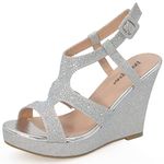 Bella Marie Santo Women's Rhinestone Wedge Sandal Silver Slingback 6.5, Silver Slingback, 6.5