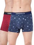 DAMENSCH Men's Regular Fit Cotton Pack of 2 Basic Printed Trunk|Underwear for Men, Combed Cotton, Stretchy Fabric, Anti-Bacterial and Microfibre Waistband, Mens Underwear-Blue Buzz,Wine Grid Game-2XL