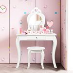 HONEY JOY Kids Vanity Set with Mirror, Toddler Wooden Vanity Table with Stool & Drawer, Removable Top, Princess Pretend Play Beauty Makeup Dressing Table Playset for Little Girls(White)