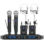 MicrocKing Wireless Microphone System, UHF Cordless Mic Set with 2 Handheld Mics/2 Lavalier Bodypacks, Metal Build, Fixed Frequency, Long Range, Ideal for Karaoke/Party/Wedding/Concert