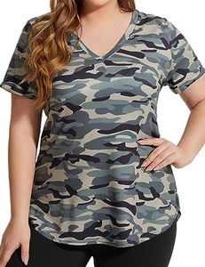 FOREYOND Women's Plus Size Workout Tops Short Sleeve Shirts Sport Tee Clothing Loose Fit Athletic Yoga Running Summer Shirts, Cc-camo, 4X-Large Plus