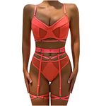 Tuianres Lingerie for Women 3 Piece with Garter Belt Bra and Panty Sets Sexy Lace Bodydoll Teddy Valentines Lingerie Suit, 01#orange, Medium