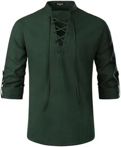 Enlision Camisa de Lino Medieval Retro con Cordones Henley Camisas clásicas escocesas de Manga Larga sin Cuello Camisas Lisas Ejercito Verde M