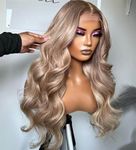 Milk Tea Ash Blonde Lace Front Wig Human Hair 180% Density Silver Grey Blonde Body Wave 13x4 HD Invisible Lace Wig for Women Upgrades Ash Blonde Colored More Fuller Frontal Wigs 20 Inch