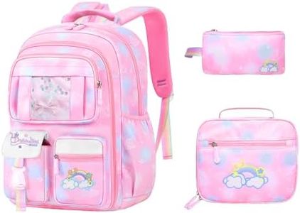 Schxuw School Backpack with Lunch Bag Pen Bag Set, Pink, Medium, Cute Rainbow