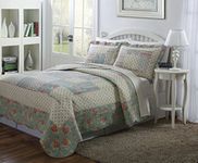 Legacy Decor 3 PCS Quilt Bedspread Blanket Cover Light Blue, Taupe and Pale Yellow, Patchwork Floral Design King Size