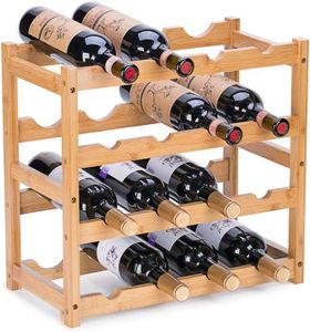 PADFURN Bamboo Wine Rack, Natural Bamboo Storage Rack Display Wine Bottle Rack, Easy to Assemble Storage Room Wine Rack, Saving Space for Wine Lovers (4-Tiers 16-Bottles)