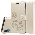 CCSmall Samsung Galaxy A02 Rose Flower Wallet Case, PU Leather Flip Phone Case with Card Holder ID Credit Cards Slot Cash Pockets with Detachable Wristband Cover for Samsung Galaxy A02 RS Gold