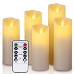 LED candles,5.5"/6"/6.5"/7"/8"Set of 5 Real Wax Battery Flameless Candles Include Realistic Dancing LED Flames and 10-key Remote Control with 2/4/6/8-hours Timer Function,300+ Hours-YIWER (5x1,Ivory)