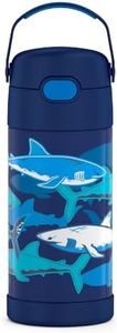 THERMOS FUNTAINER 12 Ounce Stainless Steel Vacuum Insulated Kids Straw Bottle, Sharks