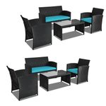 DORTALA 8 Pieces Patio Wicker Conversation Furniture Set, Outdoor Rattan Sofas with Tempered Glass Coffee Table, Bistro Sets with Coffee Table for Courtyard Balcony Garden, Turquoise