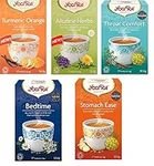 Yogi Teas 5 x 17 Bags Mixed Case Selection,Alkaline Herbs,Turmeric Orange,Throat Comfort,Bedtime,Stomach Ease Herbal Tea, Naturally Caffeine Free Tea