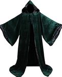 LuckyMjmy Velvet Wizard Robe with Satin Lined Hood and Sleeves, Dark Green-black