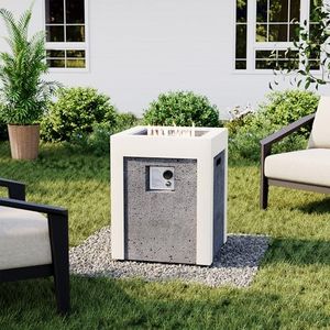 COSIEST Outdoor Propane Fire Pit Table w Compact Ledgestone 19-inch Square Graphite Base with Waterproof Cover, Certified, 40,000 BTU, Free Lava Rocks, Touch-up Pen, Fits 20lb (Grey&White)
