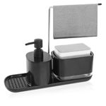 HASTHIP® Kitchen Soap Dispenser Set with Sponge Drain Rack, Tray and Dishcloth Holder, Kitchen Sink Countertop Dish Soap Pump Dispenser Soap Dispenser Dispenser for Kitchen Bathroom (Black)