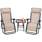 S AFSTAR Folding Zero Gravity Lounge Chair Set, 3 PCS Outdoor Recliners w/Removable Headrest and Portable Table for Balcony Patio Poolside (Beige)