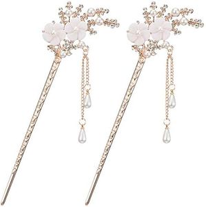 2 Pcs Rhinestone Pearl Flower Hair Stick Chinese Hair Chopsticks Vintage Tassel Hair Pin Chignon Pin Chopsticks Hair Styling Hair Making Accessories for Women (White)