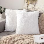 ANRODUO Pack of 2 White Throw Pillow Covers Luxury Fluffy Pillows Faux Fur Decorative Pillows Plush Cushion Case Fuzzy Mongolian Merin Style for Bed Couch Sofa Living Room Christmas Decor 18x18 Inch