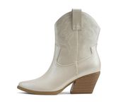 Soda “BLAZING” ~ Women Western Stitched Pointe Toe Low Heel High Top Ankle Shaft Boot Bootie, Cream Pearl Pu, 8