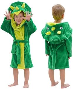 LOLANTA Boys' Girls' Hooded Bathrobe Soft Dinosaur Plush Robe Kids Sleepwear Dressing Gown Birthday Gift (Green, 2-3 Years)