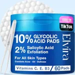 Korean Skincare Elvira Glycolic Acid Exfoliating Facial Pads With 10% Glycolic Acid, 2% Salicylic Acid & Niacinamide - 60 Toner Pads, Daily Peel Treatment for Acne Prone Sensitive Skin